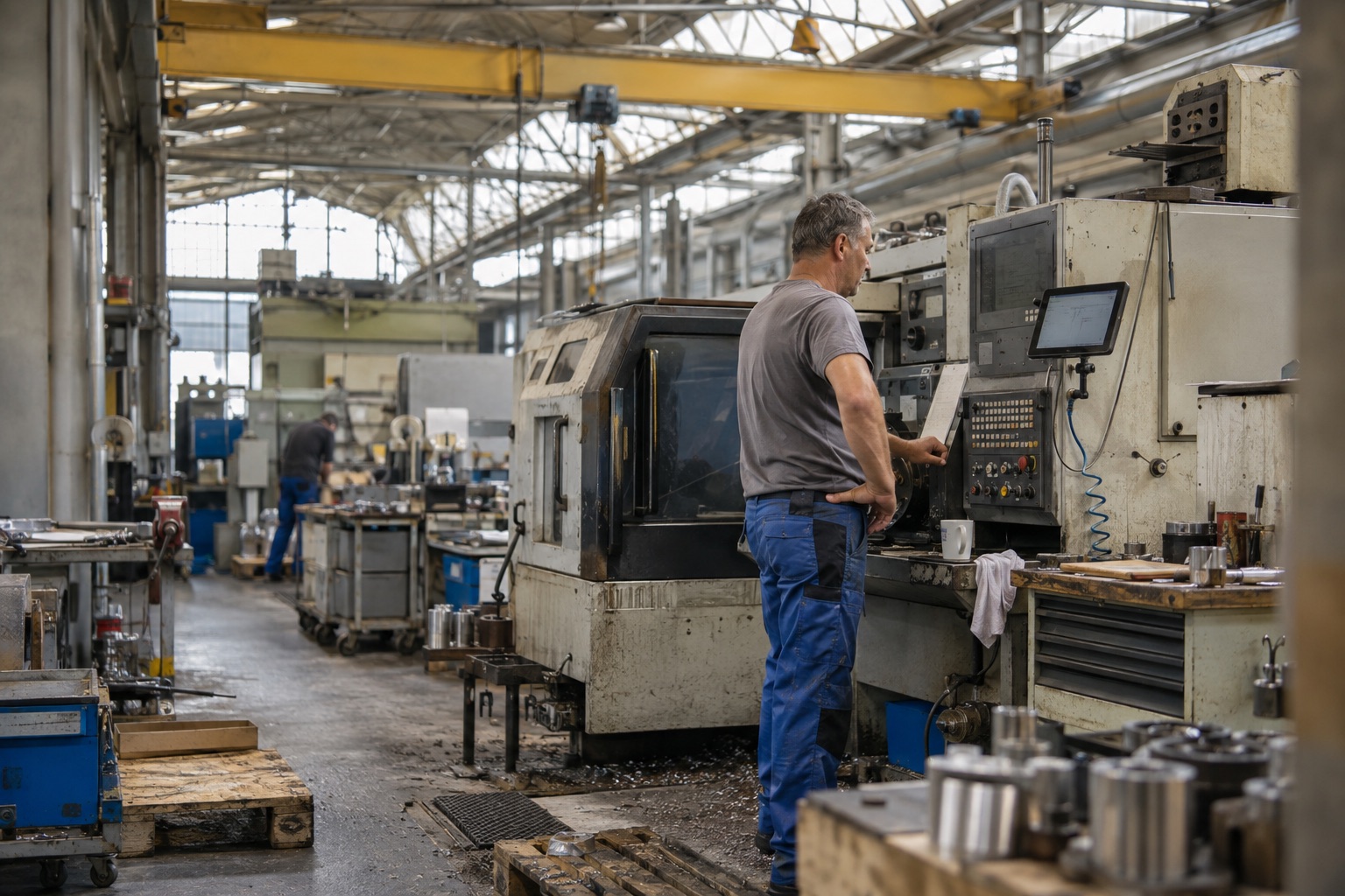 Maschinenbediener an einer CNC-Maschine in der Produktionshalle