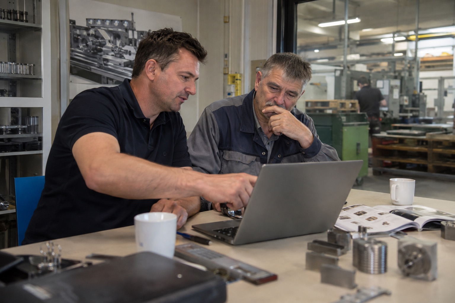 Inhaber und Meister besprechen einen Auftrag am Laptop