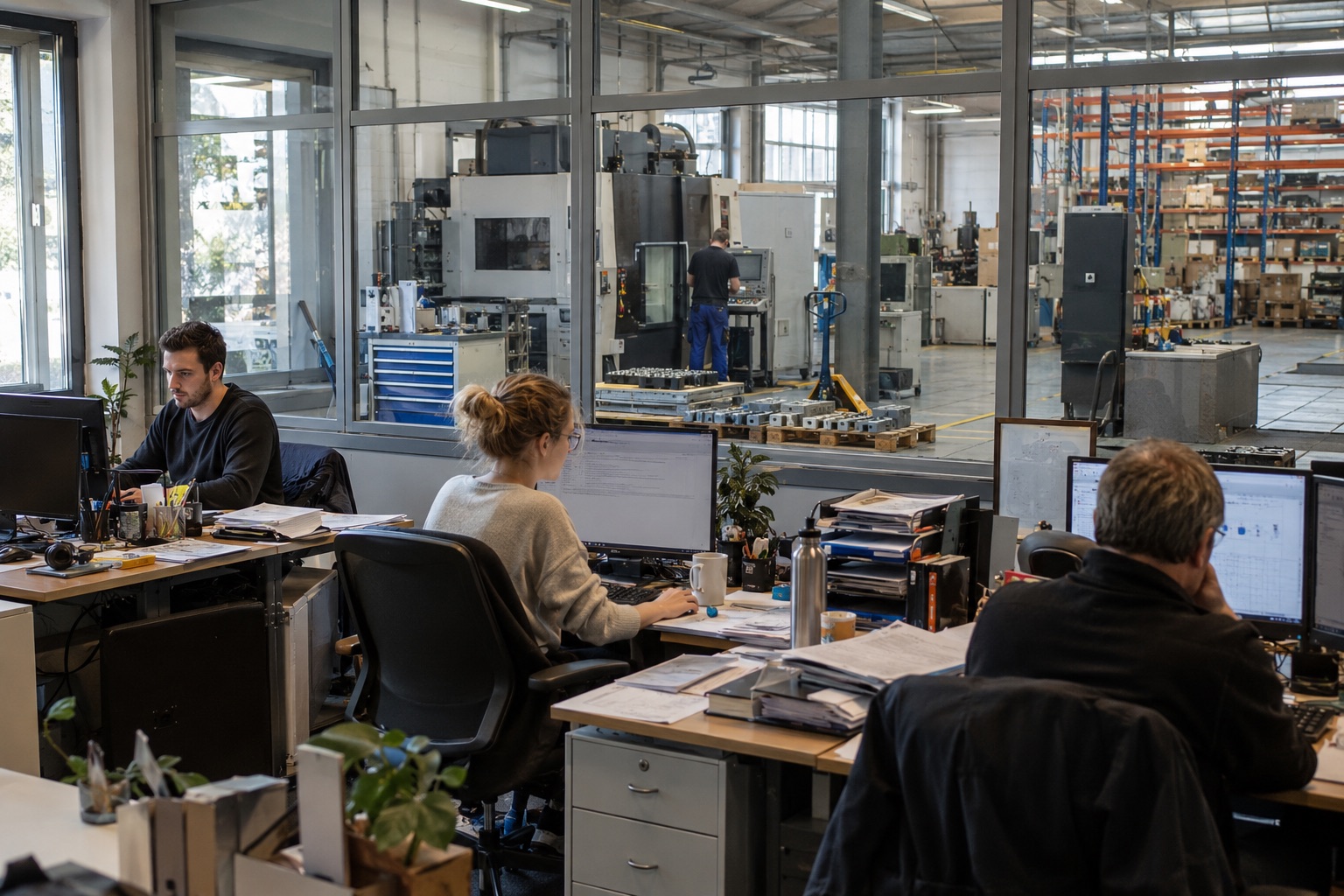 Büro und Produktionshalle eines mittelständischen Betriebs, durch die Glaswand gesehen