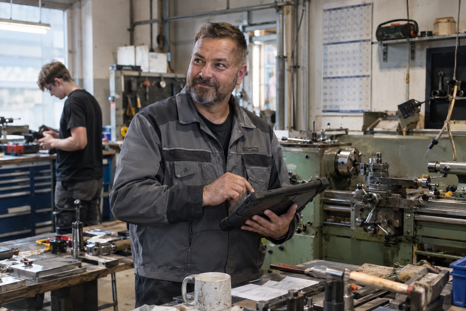 Werkstattmeister mit Tablet an der Werkbank