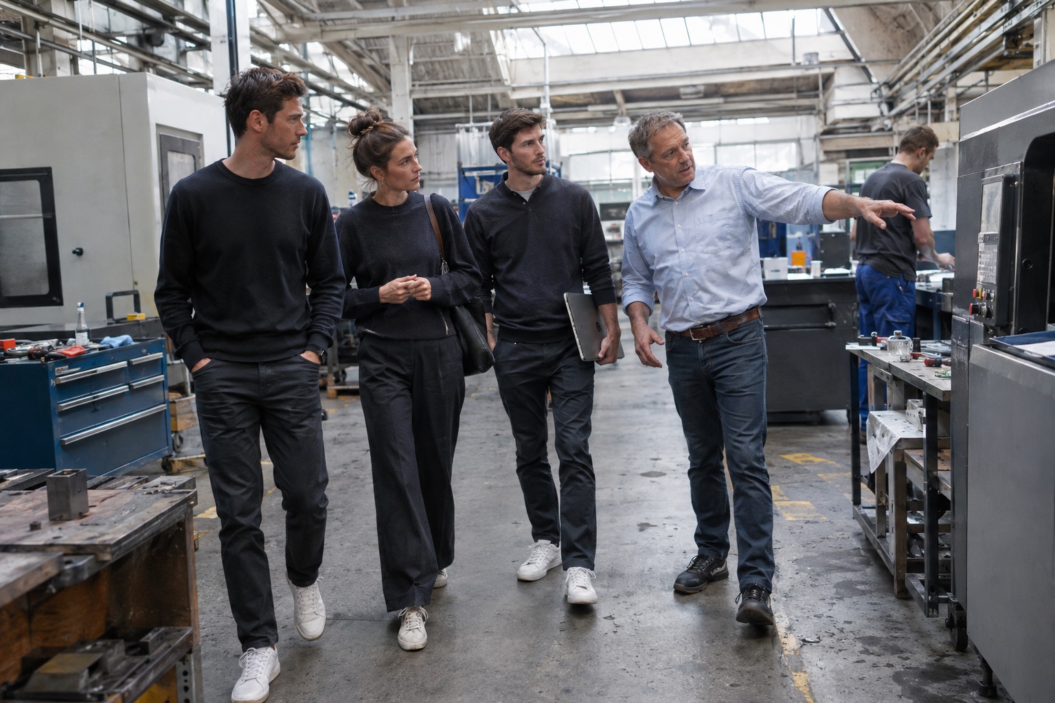 Das Web4You-Team beim Rundgang mit einem Kunden durch dessen Produktionshalle